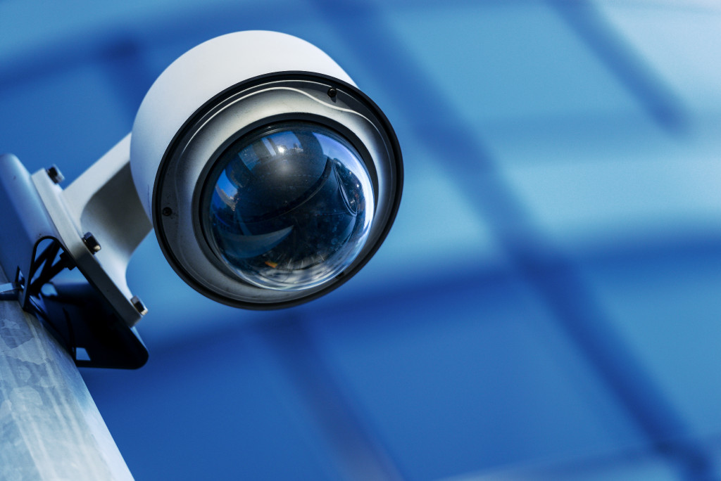 A close-up of a dome camera, a type of security camera.